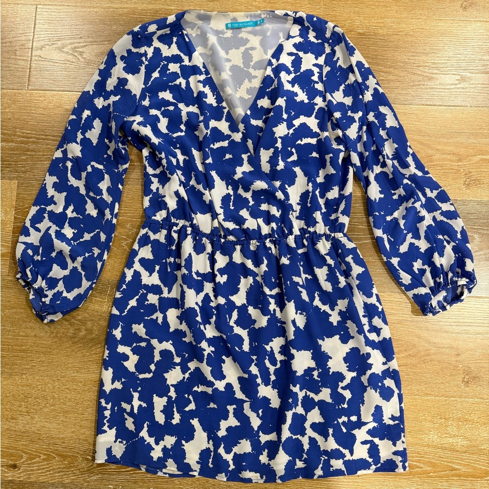 Tori Richard Blue and White Smocked Wrap Dress with Bishop Sleeves